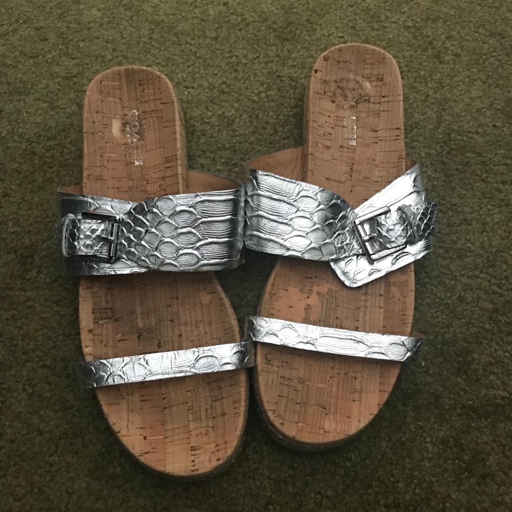 Silver Coach Leather and Cork Sandals
